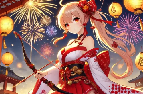 anime-style image of Yoimiya from Genshin Impact. She should have her characteristic blonde hair tied up in a ponytail with red hair accessories, wearing her red and white outfit with fireworks-themed decorations. She holds a bow, ready to shoot a firework arrow. The background should show a festive night scene with fireworks exploding in the sky and lanterns illuminating the surroundings.