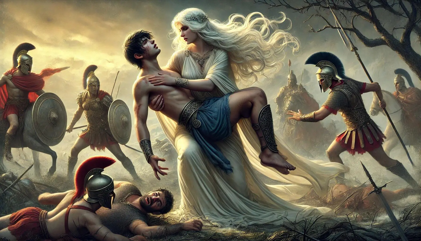 Aphrodite protects her son, Aeneas, during a battle. Aeneas is injured by Diomedes, a Greek warrior. Seeing her son in danger, Aphrodite quickly comes to his aid. She lifts Aeneas and shields him with her divine power. Despite being wounded herself by Diomedes, she manages to get Aeneas to safety. The image shows a dramatic scene of Aphrodite, with long flowing platinum blond hair, wearing divine garments, lifting Aeneas, a strong young warrior with dark hair, dressed in full Greek warrior armor and a helmet, as she uses her divine power to shield them