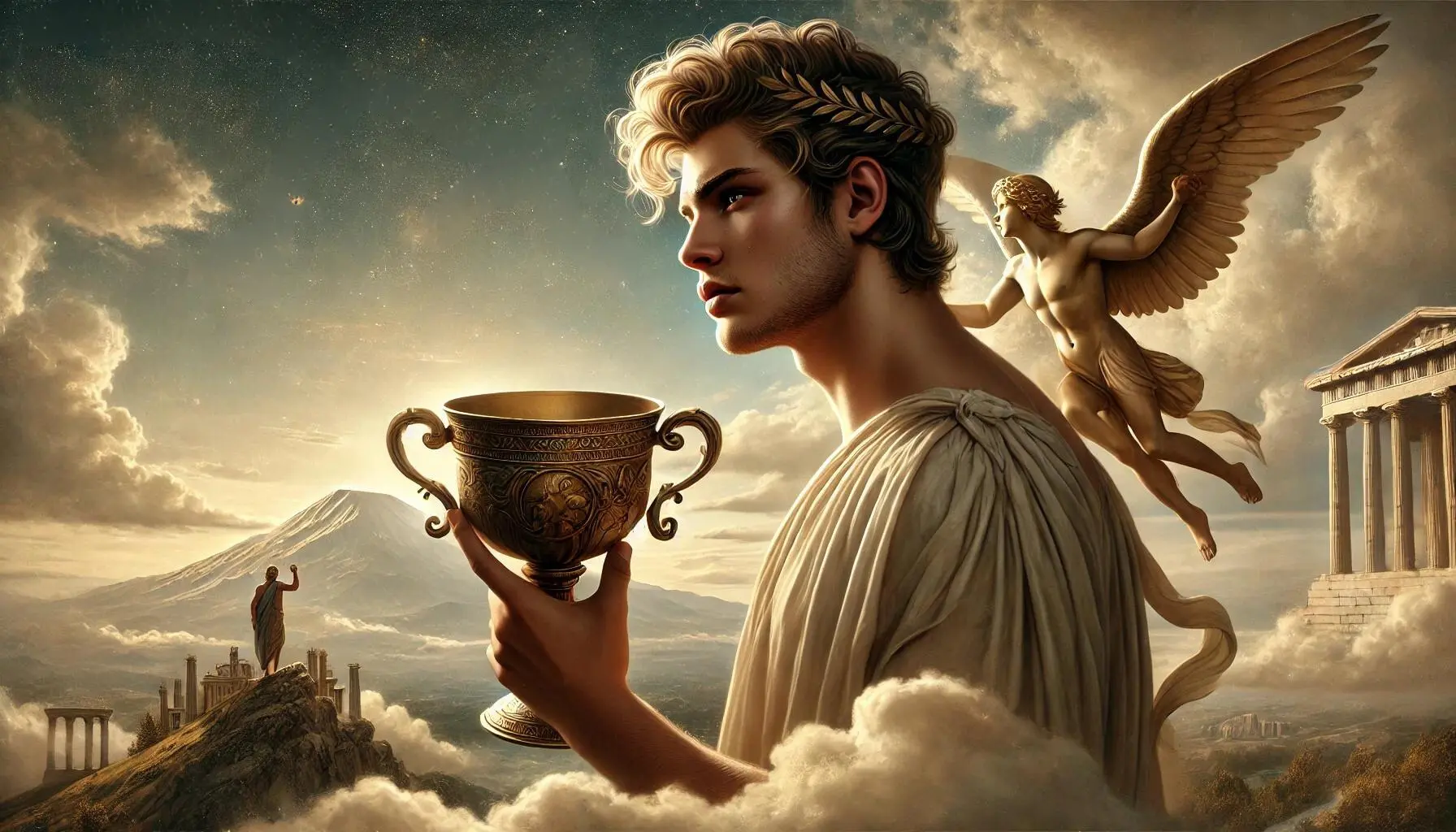 Aquarius, representing Ganymede, a beautiful mortal youth who was taken to Mount Olympus to serve as the cupbearer to the gods. Ganymede is shown as a handsome young man with a graceful and noble appearance, holding a large, ornate cup. He stands on a cloud high above the Earth, with Mount Olympus visible in the background. Zeus, in the form of an eagle, can be seen in the distance, symbolizing his role in bringing Ganymede to the heavens