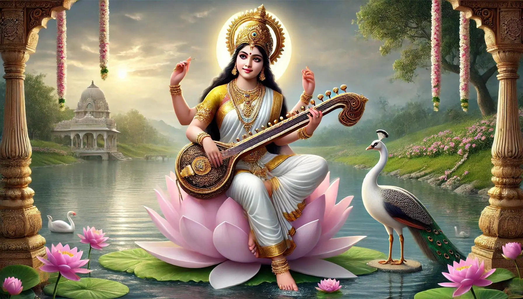 Goddess Saraswati, the Hindu goddess of knowledge and arts. She is seated on a white lotus, symbolizing purity and the pursuit of knowledge free from worldly attachments. Saraswati holds a veena, an intricate traditional Indian musical instrument, symbolizing the arts and knowledge. She has a calm and serene expression, with traditional features, including dark, flowing hair and a peaceful aura. At her feet, a white swan represents discernment, known in Hindu stories for distinguishing milk from water. A peacock stands nearby, representing beauty and aesthetics
