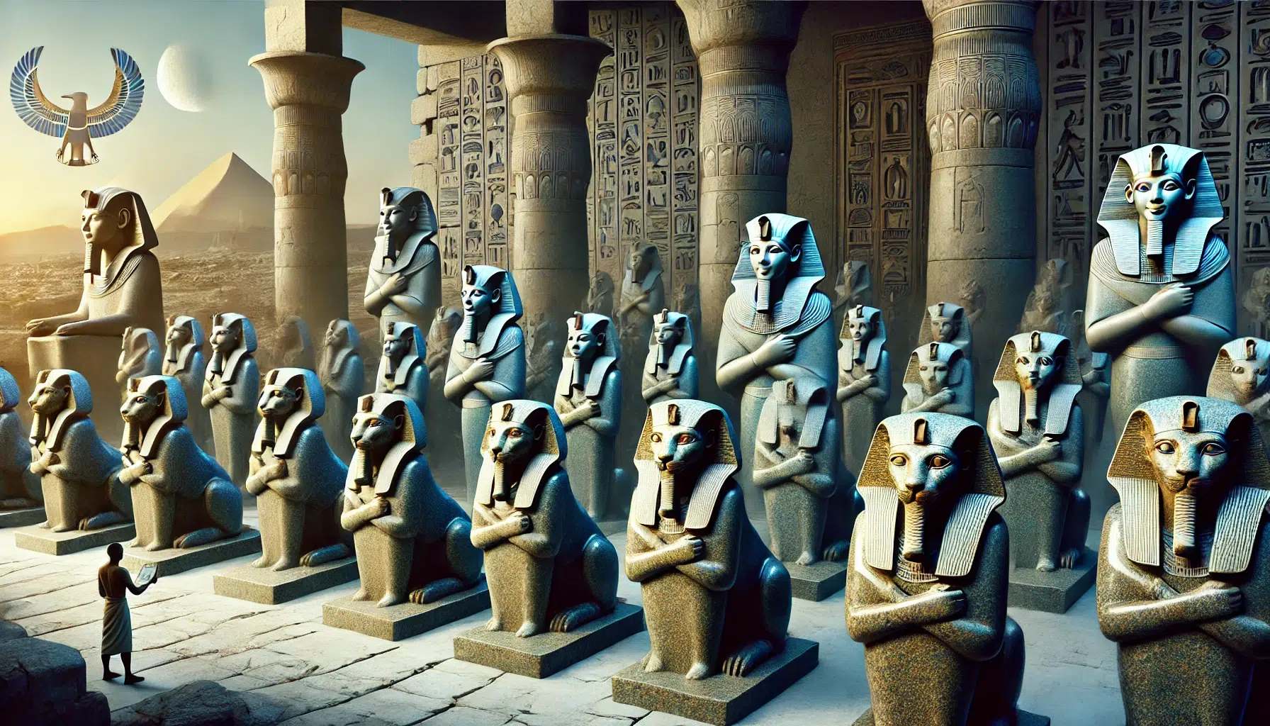 numerous granodiorite statues of Sekhmet from the reign of Amenhotep III. The statues, numbering in the hundreds, are arranged in rows, showcasing their importance during this period. Each statue features Sekhmet with a lioness head, reflecting her fierce nature. The setting includes a museum and an archaeological site, indicating where many of these statues now reside