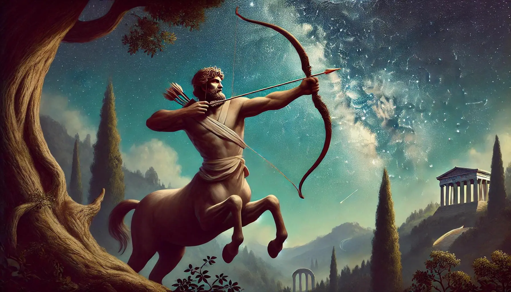 Sagittarius, the Archer, in a mythological setting. The image features a centaur with a strong, muscular build, holding a drawn bow with an arrow ready to be released. The centaur is in a dynamic pose, aiming the bow at the stars in a night sky. The background includes a starry sky with the stars of the Sagittarius constellation subtly visible, along with hints of the Milky Way