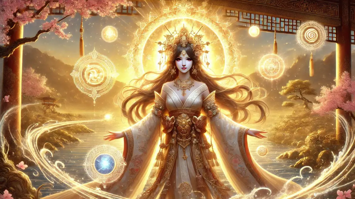 sun goddess Amaterasu in a fantasy setting. She appears as a radiant and ethereal figure with long flowing hair, wearing traditional Japanese attire adorned with intricate patterns. Surrounding her are glowing orbs and celestial symbols. The background shows a golden sunrise over a serene landscape with cherry blossom trees and a tranquil river