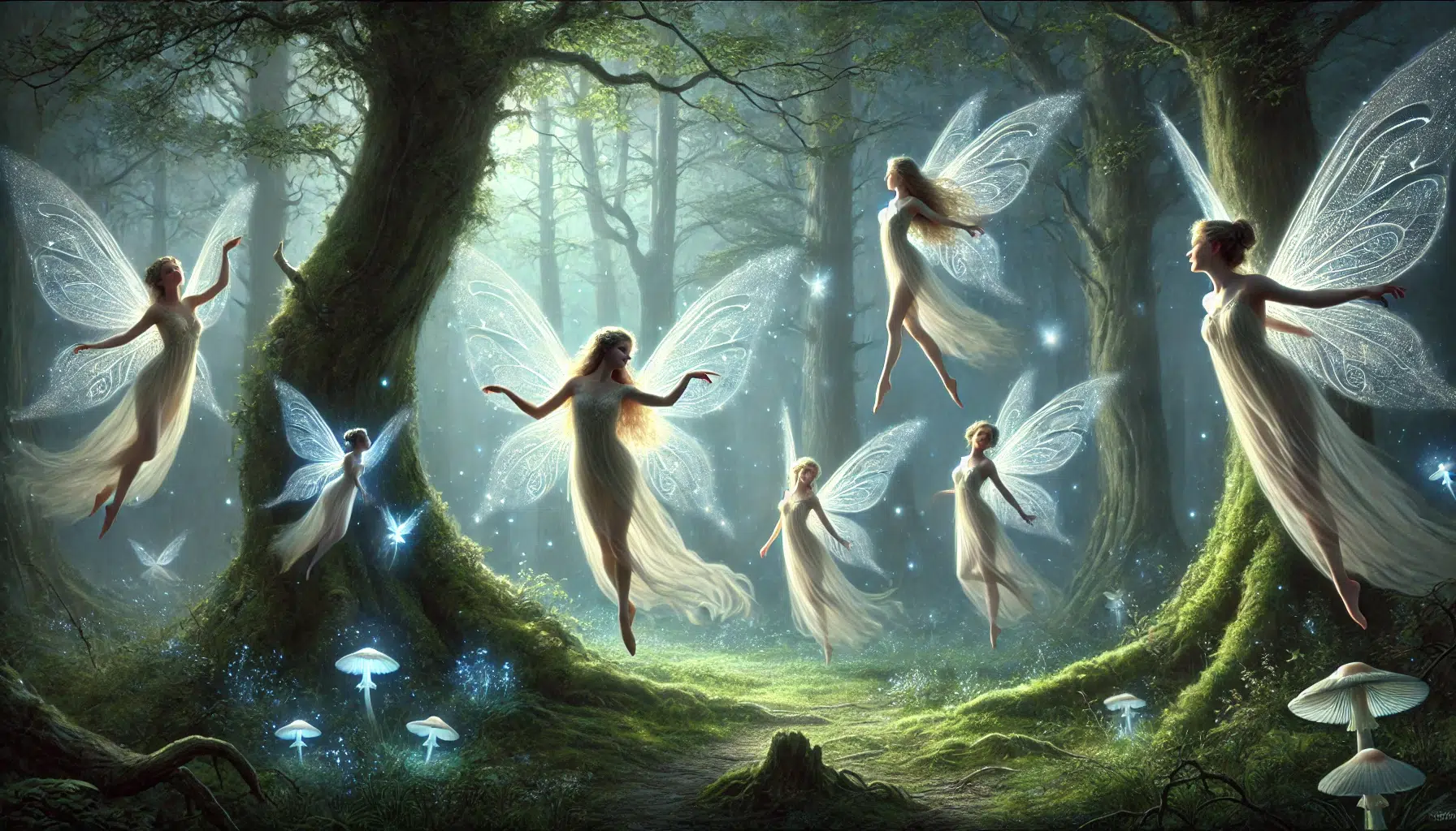 the Aos Sí, or fairies, from Irish mythology. The scene portrays a group of these ethereal beings in a mystical, enchanted forest. The fairies are depicted with delicate, graceful features and a radiant, otherworldly beauty. They have translucent, shimmering wings and wear flowing, elegant garments that glow softly in the moonlight. The setting is a lush forest with tall, ancient trees, their leaves glowing faintly with magical light