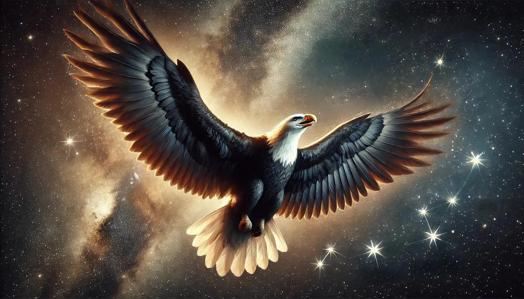 Aquila, the Eagle of Zeus, soaring majestically through the night sky. The eagle is detailed, with powerful wings outstretched and sharp eyes, symbolizing strength and loyalty. The stars of the Aquila constellation are visible, forming a clear pattern around the eagle. The background is a deep, starry night sky with hints of the Milky Way and other cosmic elements