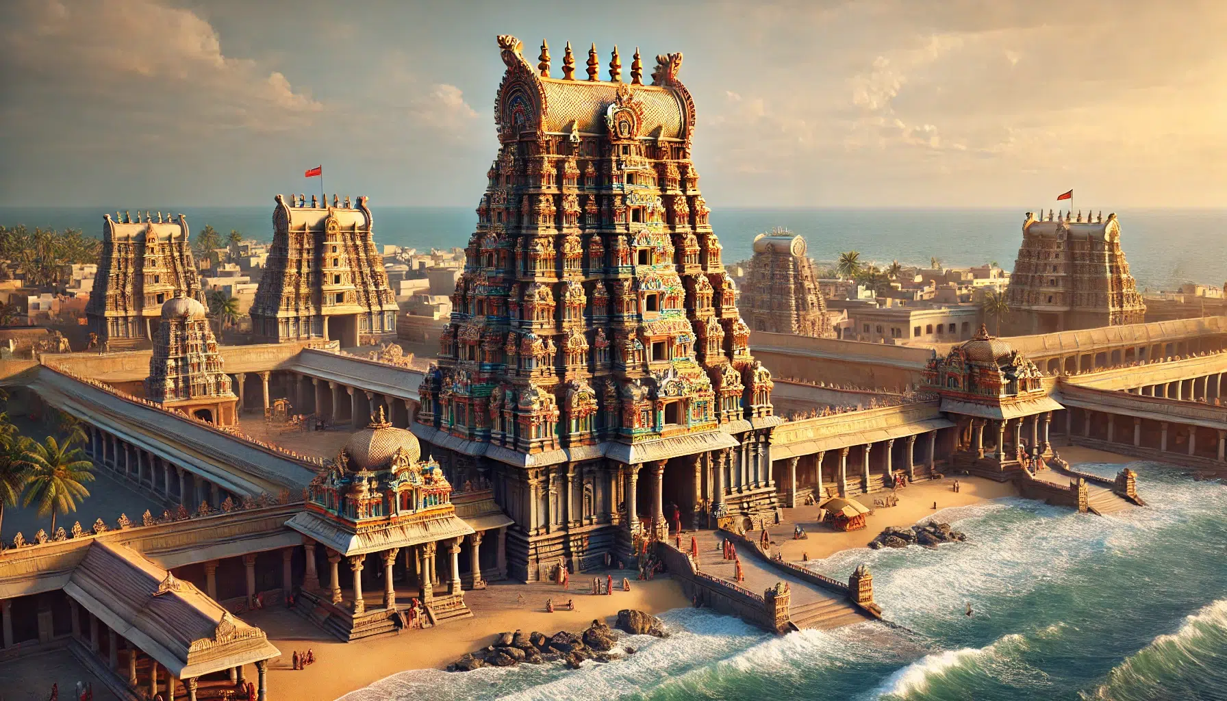 the Thiruchendur temple, a famous Hindu temple situated by the Bay of Bengal. The temple complex should be depicted with its towering gopurams (gateway towers) adorned with intricate carvings and sculptures. The architecture reflects traditional Dravidian style, with a central shrine dedicated to Lord Murugan (Kartikeya). The temple's surroundings include the beautiful Bay of Bengal, with waves gently lapping against the rocky shore