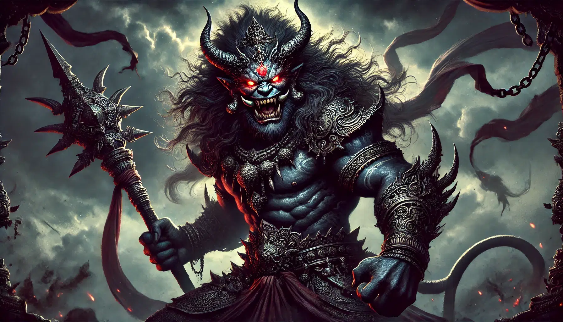 the demon Bhandasura from Hindu mythology. Bhandasura is portrayed as a fearsome and intimidating figure with a dark and menacing appearance. He has a muscular build and wears traditional demonic armour adorned with spikes and dark metal. His face is fierce, with glowing red eyes and sharp fangs, exuding an aura of malevolence. Bhandasura's hair is wild and unkempt, and he has horns protruding from his head. He wields powerful weapons, such as a massive mace or sword, showcasing his strength and combat prowess.