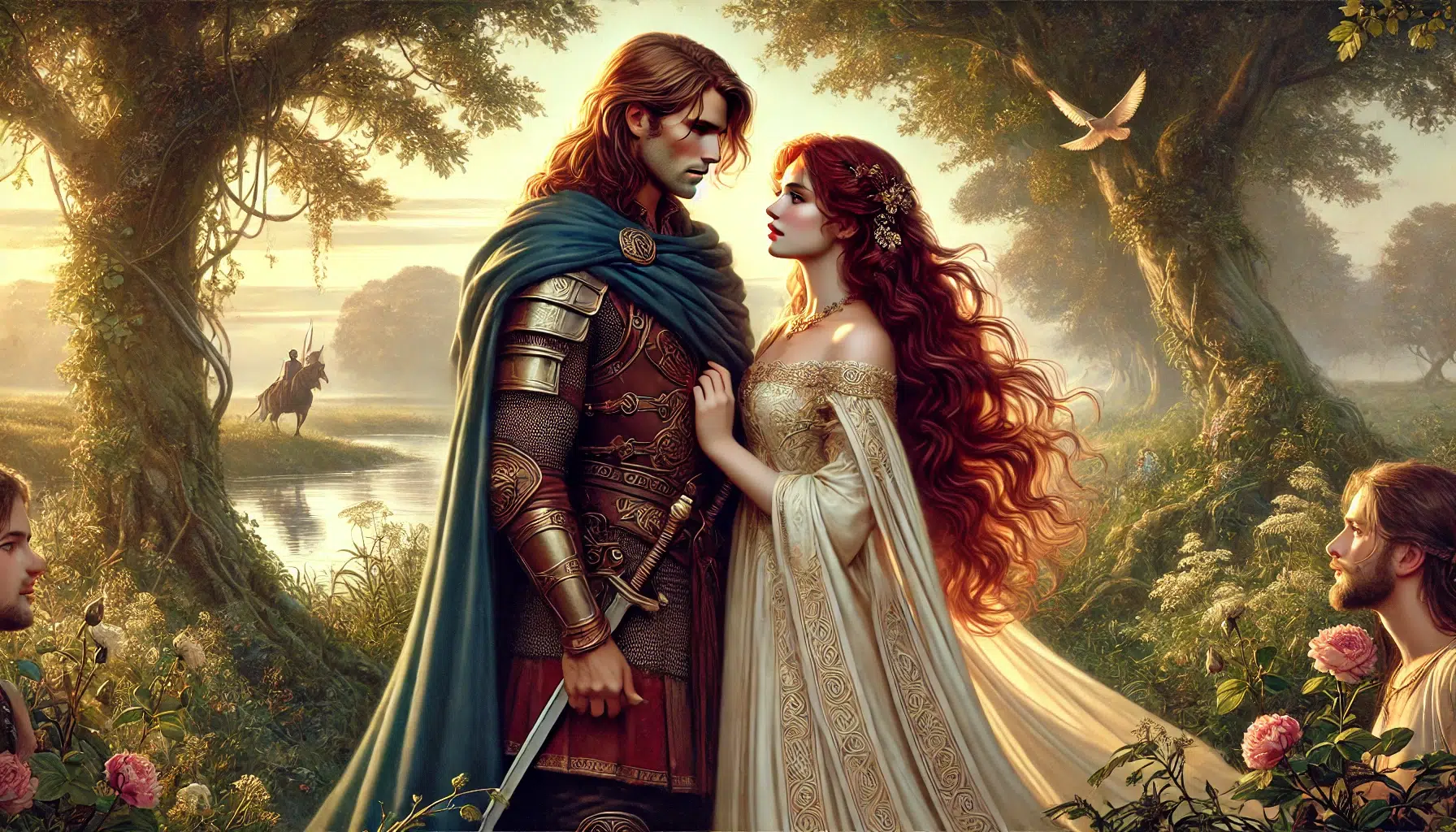 the love story between Gráinne and Diarmuid from Irish mythology. The scene shows Gráinne, the daughter of a high king, depicted as a beautiful woman with long, flowing hair and regal, elegant clothing. She stands beside Diarmuid, a young and handsome warrior with a strong, athletic build and striking features. Diarmuid is dressed in traditional warrior attire, with a cloak and armour. The two are depicted in a romantic, natural setting, such as a lush forest or by a serene lakeside, with soft, golden sunlight enhancing the scene
