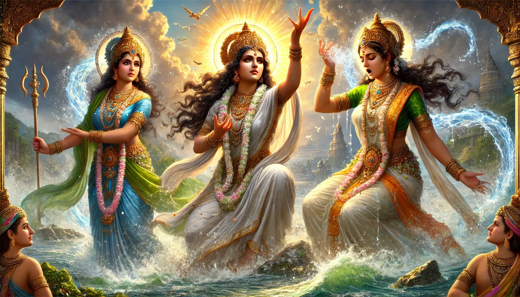 the myth of Saraswati and the Curses, showing Saraswati cursing Lakshmi and Ganga. Depict Goddess Saraswati with a composed and dignified expression, raising her hand to cast the curse. Show Lakshmi and Ganga with expressions of shock and disbelief as they begin to transform into the rivers Ganges and Yamuna. The transformation should be subtly indicated by elements of water beginning to form around them, flowing into lush and vibrant landscapes.