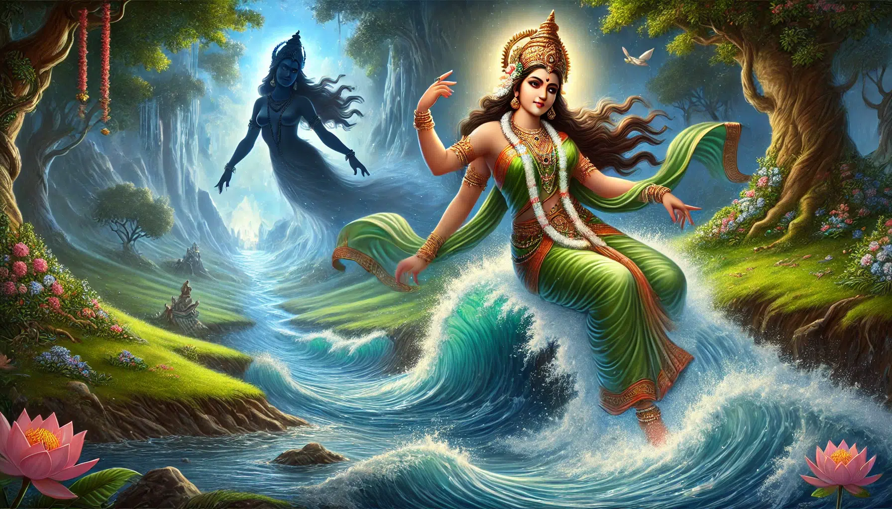 the myth of Saraswati and the River, where the goddess Saraswati transforms into a river to escape a demon. Show Saraswati in the act of transforming, with her serene and determined expression. She transitions into a flowing river, with her form gracefully blending into the water. The river brings life and fertility to the surrounding land, depicted as lush and green. In the background, a shadowy figure of the demon is visible, highlighting the urgency of her transformation