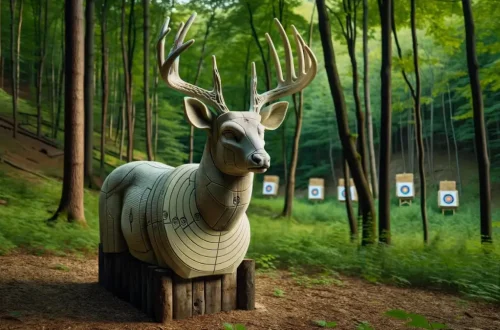 3D deer target in a forest with other archery targets