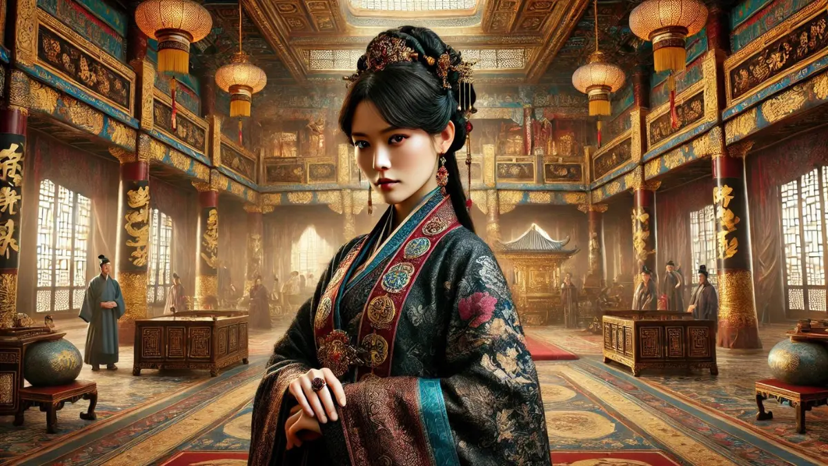 A fantasy scene featuring Yoshiko Kawashima from 'The Last Emperor.' She stands in a grand, ornate palace with rich, historical East Asian architecture. Yoshiko wears a blend of traditional Manchu and Japanese attire, symbolizing her complex heritage. She exudes an air of authority and mystery, with her hair styled elegantly and adorned with traditional accessories
