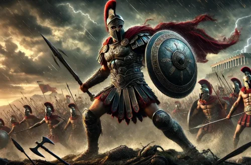 Ajax, a powerful Greek warrior during the Trojan War. Ajax is depicted in heavy battle armor, standing boldly on the front lines of the battlefield. His armor is adorned with traditional Greek designs, showcasing his strength and warrior status. He wields a large shield and a spear, his stance aggressive and ready for combat. The background features the tumultuous battlefield with Greek and Trojan warriors engaged in combat