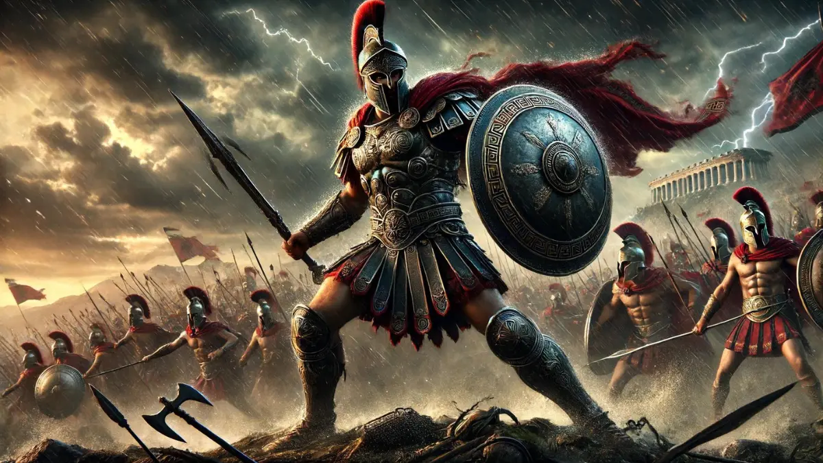 Ajax, a powerful Greek warrior during the Trojan War. Ajax is depicted in heavy battle armor, standing boldly on the front lines of the battlefield. His armor is adorned with traditional Greek designs, showcasing his strength and warrior status. He wields a large shield and a spear, his stance aggressive and ready for combat. The background features the tumultuous battlefield with Greek and Trojan warriors engaged in combat