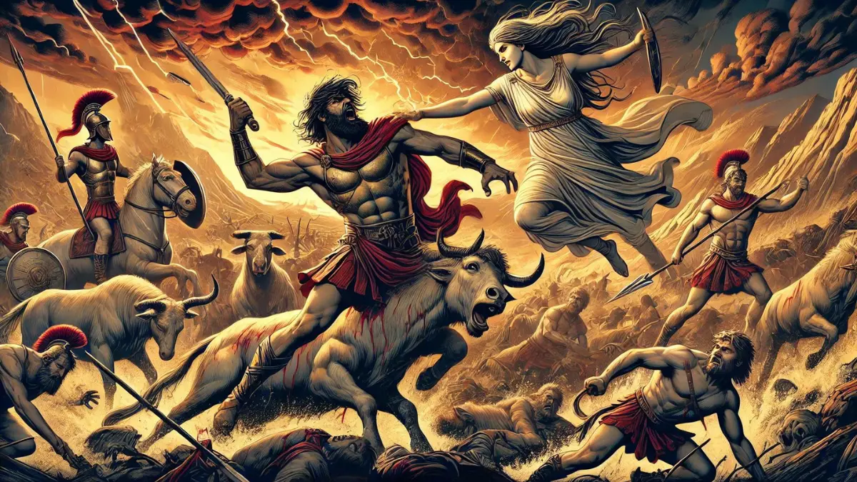 Ajax in anguish and rage after losing the contest for Achilles's armor. Ajax is shown attacking livestock in his madness, with Athena intervening to strike him with delusion. The chaotic background depicts a dramatic landscape with Ajax eventually regaining his senses and realizing he has only killed livestock
