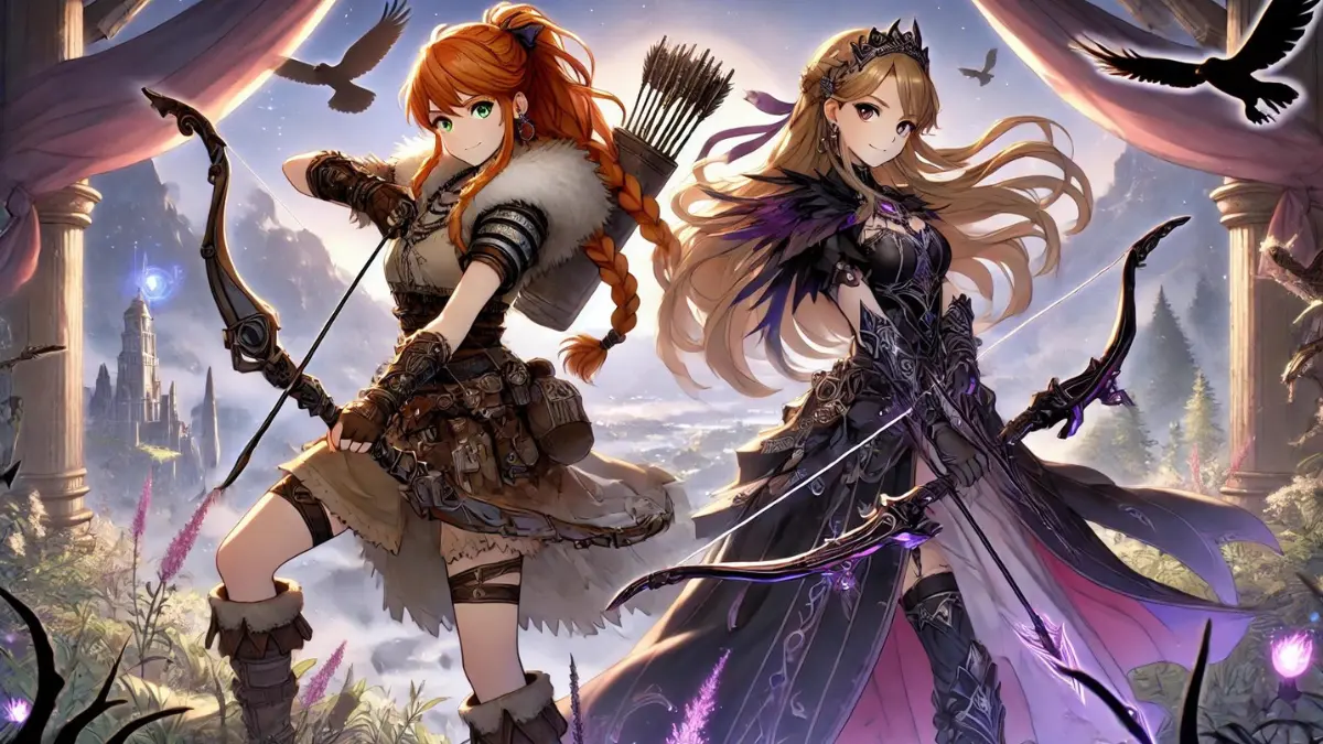 Aloy and Fischl from Genshin Impact, depicted in an anime-inspired style. The scene features both characters standing together in a dynamic and action-ready pose. Aloy is equipped with her bow and dressed in her iconic outfit, which includes a fur-lined, sleeveless tunic, sturdy pants, leather bracers, gloves, and high boots. She has her long, light auburn-brown hair styled in braids and pale green-brown eyes. Beside her, Fischl, known as the Prinzessin der Verurteilung, wields her bow and the raven Oz. She has long blonde hair tied in a high ponytail, wears an elaborate outfit with dark and mystical elements, including a black and purple dress with intricate details