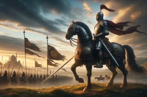 inspired by the historical figure Alp Arslan has been created. It captures a moment on an ancient battlefield with Alp Arslan portrayed as a commanding figure, ready to lead his forces into battle. This scene emphasizes the strategic and courageous qualities of Alp Arslan, set against the backdrop of the Seljuk banners and the opposing forces in the distance