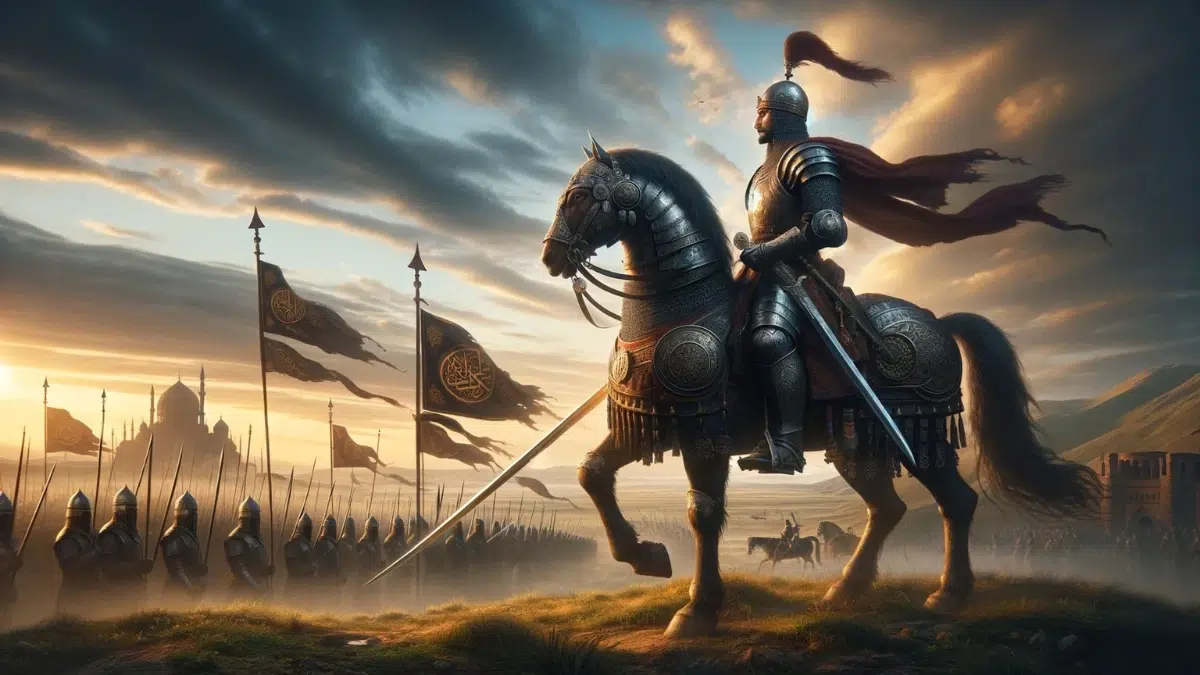 inspired by the historical figure Alp Arslan has been created. It captures a moment on an ancient battlefield with Alp Arslan portrayed as a commanding figure, ready to lead his forces into battle. This scene emphasizes the strategic and courageous qualities of Alp Arslan, set against the backdrop of the Seljuk banners and the opposing forces in the distance