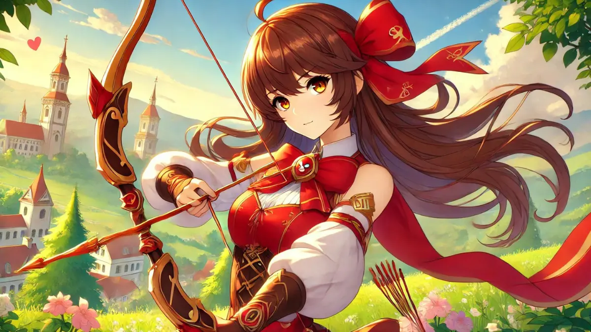 anime image of Amber from Genshin Impact holding Amos' Bow. Amber should be depicted with long medium brown hair, with wispy hair framing her face, and golden brown eyes. She should be in her standard outfit with a red and brown color scheme, including her red bow resembling bunny ears. She should be in a dynamic pose, holding Amos' Bow, which is an elegant and powerful bow with intricate designs. The background should be a vibrant landscape of Mondstadt with clear skies and lush greenery, capturing the game's colorful and whimsical art style.