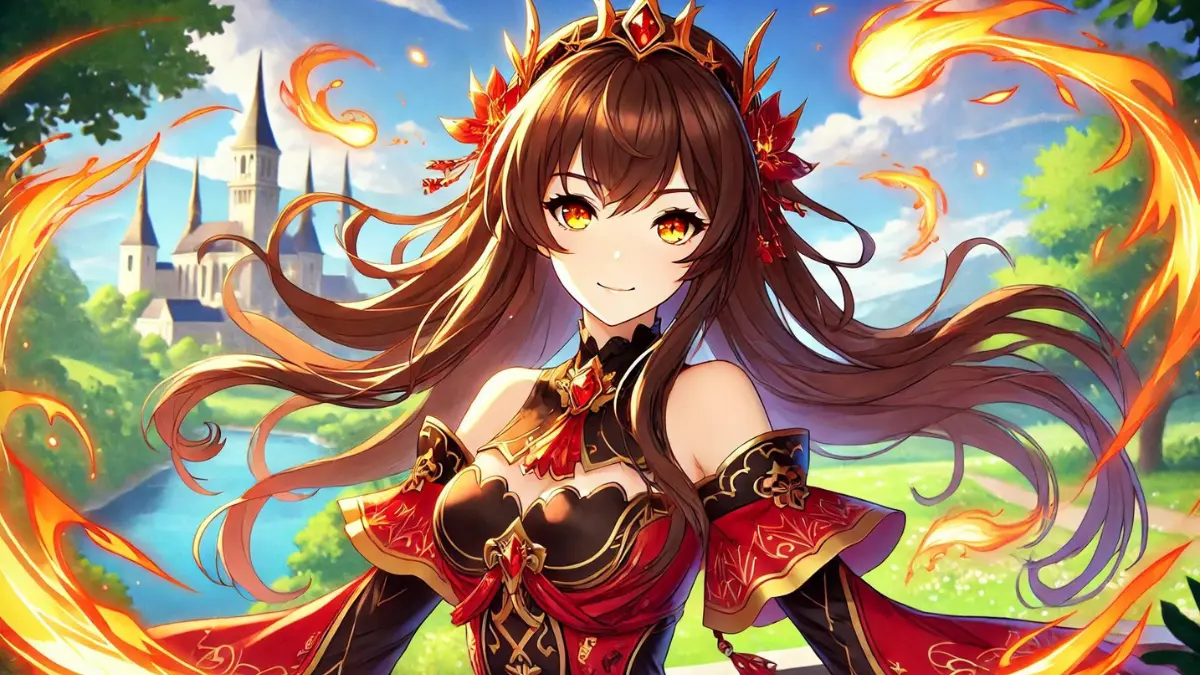 anime image of Amber from Genshin Impact using her artifact set Crimson Witch of Flames. Amber should be depicted with long medium brown hair, with wispy hair framing her face, and golden brown eyes. She should be wearing the Crimson Witch of Flames outfit, which features a fiery and elegant design with red, black, and gold accents. She should be in a dynamic pose, surrounded by flames, showcasing the power of the artifact set. The background should be a vibrant landscape of Mondstadt with clear skies and lush greenery, capturing the game's colorful and whimsical art style.