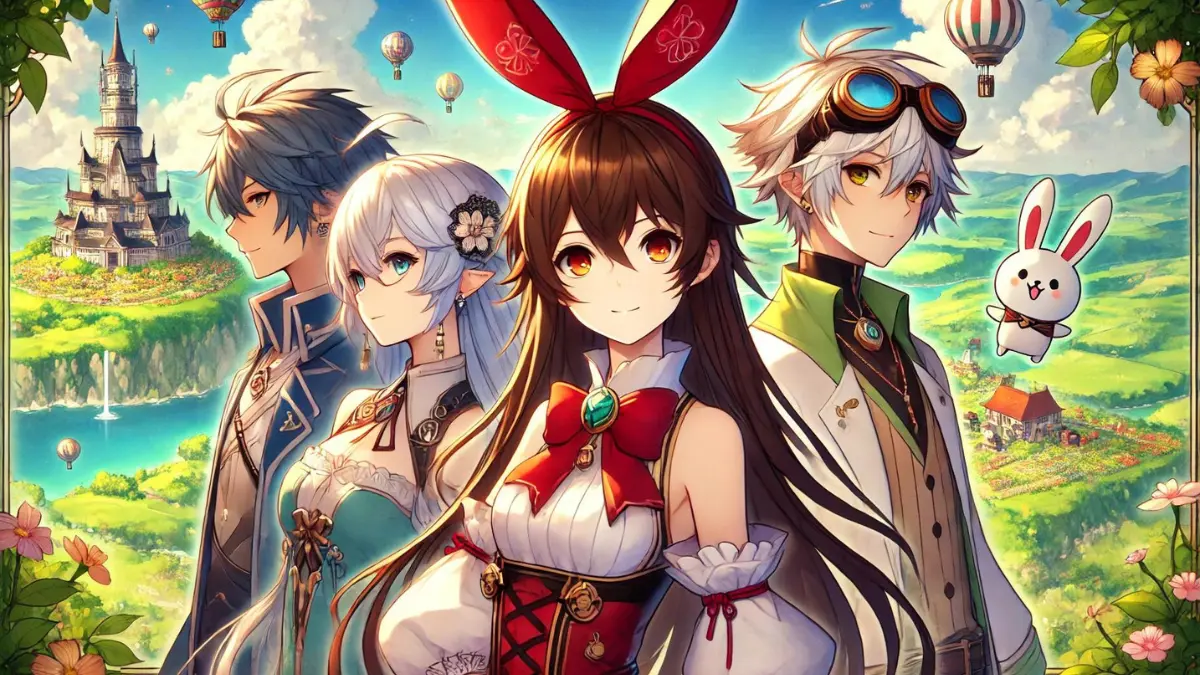 anime image of Amber from Genshin Impact with her vaporize team, including Amber, Xingqiu, Sucrose, and Bennett. Amber should be depicted with long medium brown hair, wearing her standard outfit with a red bow resembling bunny ears. Xingqiu should be shown with his dark blue hair and traditional Liyue attire. Sucrose should be depicted with her light green hair, glasses, and alchemist's outfit. Bennett should be shown with his short white hair, goggles on his head, and adventurous outfit. The background should be a vibrant landscape of Mondstadt with clear skies and lush greenery, capturing the game's colorful and whimsical art style.