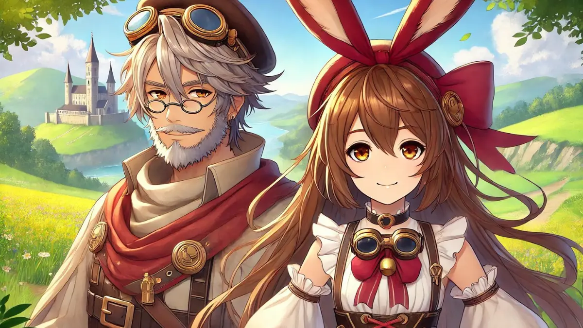 anime image of Amber from Genshin Impact with her grandfather, a former mercenary from Liyue who joined the Knights. Amber should be depicted with long medium brown hair, with wispy hair framing her face, and golden brown eyes. She wears her goggles around her neck and a big red maroon-colored bow in her hair that resembles bunny ears. Her grandfather should appear as an older man with a rugged appearance, wearing a mix of Liyue and Knight attire, showcasing his mercenary background. They should be standing together in a dynamic pose in a vibrant landscape of Mondstadt with clear skies and lush greenery, capturing the game's colorful and whimsical art style.