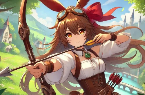 anime image of Amber from Genshin Impact wielding her bow. Amber should be depicted with long medium brown hair, with wispy hair framing her face, and golden brown eyes. She wears her goggles around her neck and a big red maroon-colored bow in her hair that resembles bunny ears. She should be in a dynamic pose, drawing her bow as if ready to shoot an arrow. The background should be a vibrant landscape of Mondstadt with clear skies and lush greenery, capturing the game's colorful and whimsical art style.