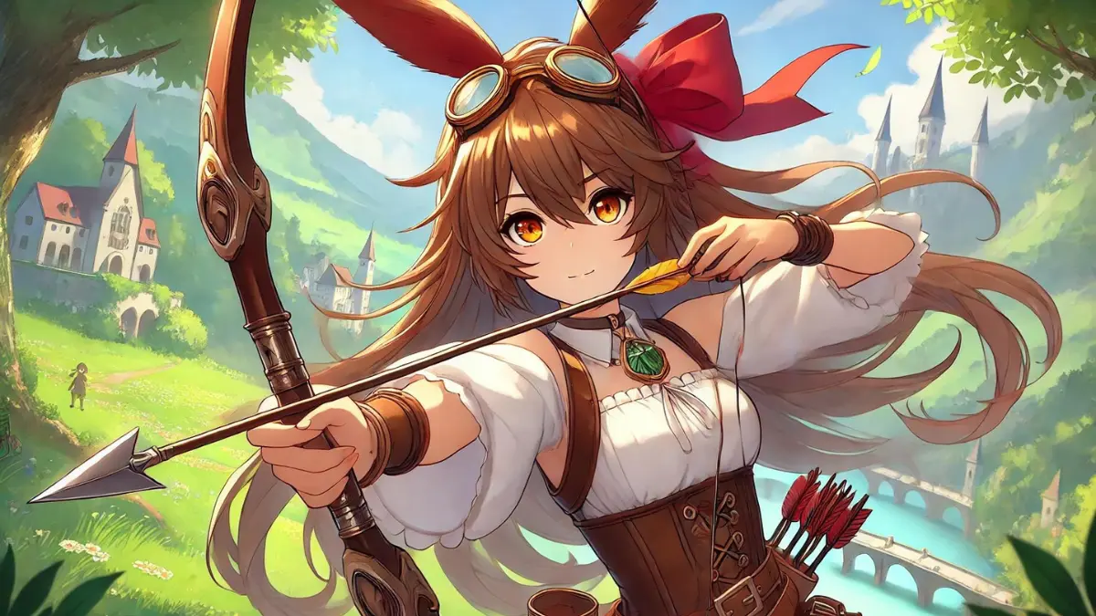 anime image of Amber from Genshin Impact wielding her bow. Amber should be depicted with long medium brown hair, with wispy hair framing her face, and golden brown eyes. She wears her goggles around her neck and a big red maroon-colored bow in her hair that resembles bunny ears. She should be in a dynamic pose, drawing her bow as if ready to shoot an arrow. The background should be a vibrant landscape of Mondstadt with clear skies and lush greenery, capturing the game's colorful and whimsical art style.