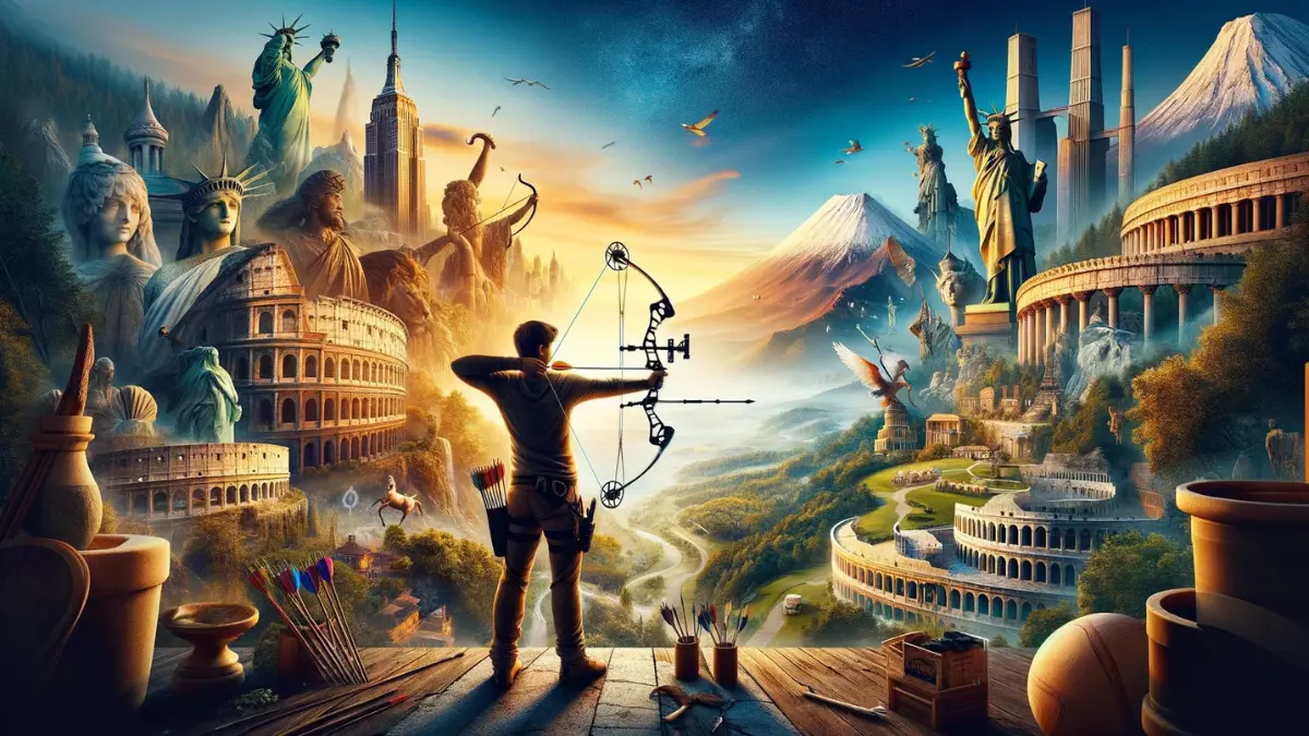 "Archery World Tour," capturing the essence of traveling virtually around the world to face archery challenges in various iconic locations