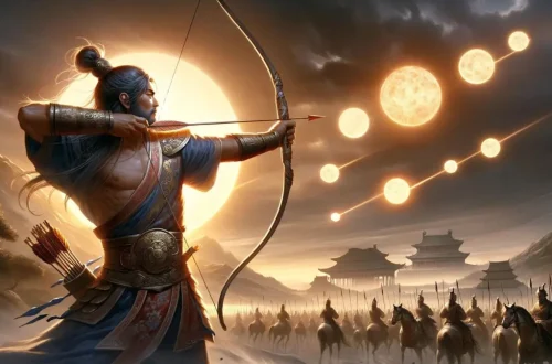 legend of Hou Yi from Chinese mythology. It depicts Hou Yi aiming at the ten suns to save the earth, capturing a moment of heroism and mythical adventure