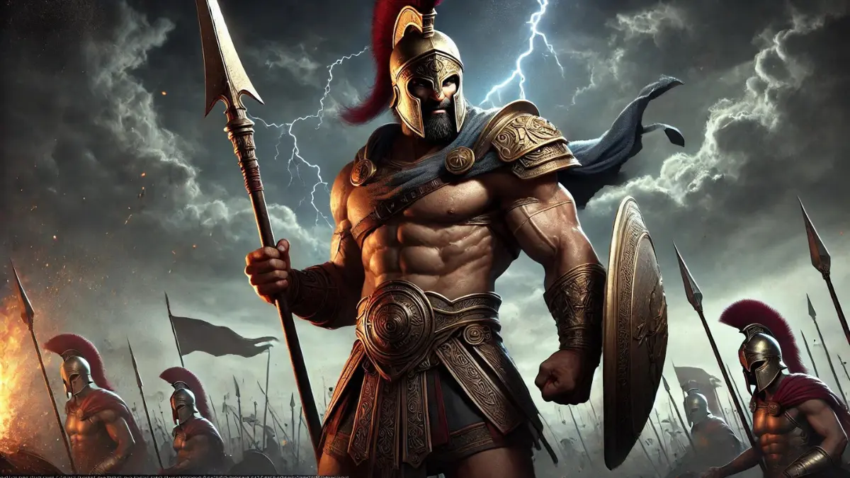 Ares, the God of War, depicted as a powerful and fierce figure. He stands tall with a menacing presence, holding a spear in one hand and a shield in the other. Ares has a strong, muscular build and is dressed in ancient Greek armor with a helmet. His expression is intense and focused, ready for battle. The background features a battlefield with dark clouds and lightning, emphasizing his connection to war and conflict. The overall scene conveys Ares's strength, aggression, and dominance as the god of war, portrayed in a realistic manner