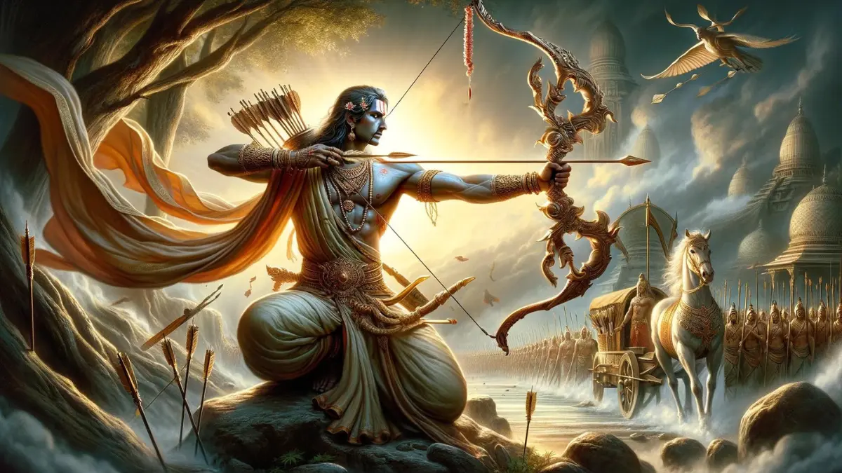 Arjuna, the legendary archer from Hindu epics, portrayed in a moment that captures his essence as a warrior and seeker of truth, holding his divine bow Gandiva. This scene aims to reflect his unparalleled skill, determination, and the profound journey he undertakes in the Mahabharata
