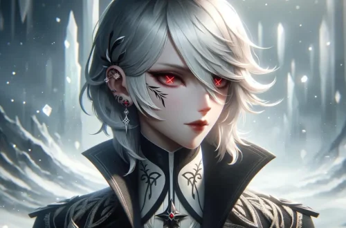 A fantasy character inspired by a game, depicted as a tall woman with pale skin and unique red 'X'-shaped pupils. Her medium-long white hair with black streaks is swept to the right side of her head. She wears small earrings with a black and white snowflake pattern. Her attire is a stylish uniform coat typical of the Harbingers, detailed with intricate patterns and a high collar. The background is a mystical, ethereal landscape with floating crystals and a soft, misty ambiance, enhancing her mysterious aura.