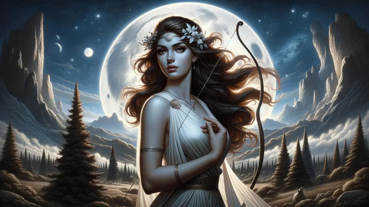 Artemis as the goddess of the moon, depicted with brown hair and holding her bow and arrow.