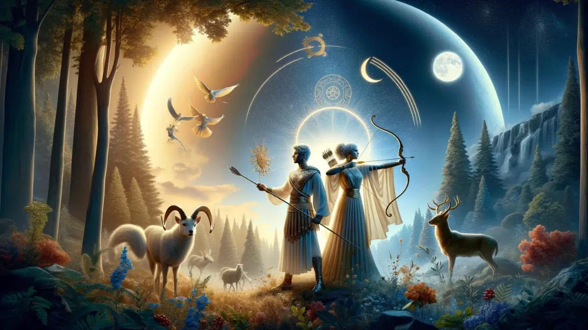 the divine twins in a mythical landscape that reflects their unique attributes and powers, blending elements of night and day to symbolize their unity and contrast