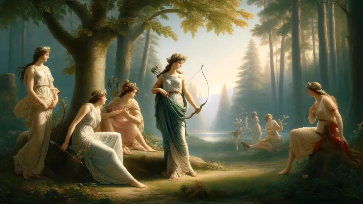 Artemis accompanied by nymphs, emphasizing their role in her narrative but with a more focused composition. The setting is a tranquil forest where Artemis and a couple of nymph companions are engaged in hunting and resting. Artemis, dressed in classical Greek attire, stands prominently with a bow, surrounded by two nymphs who are depicted in gentle poses, interacting subtly with the natural environment around them