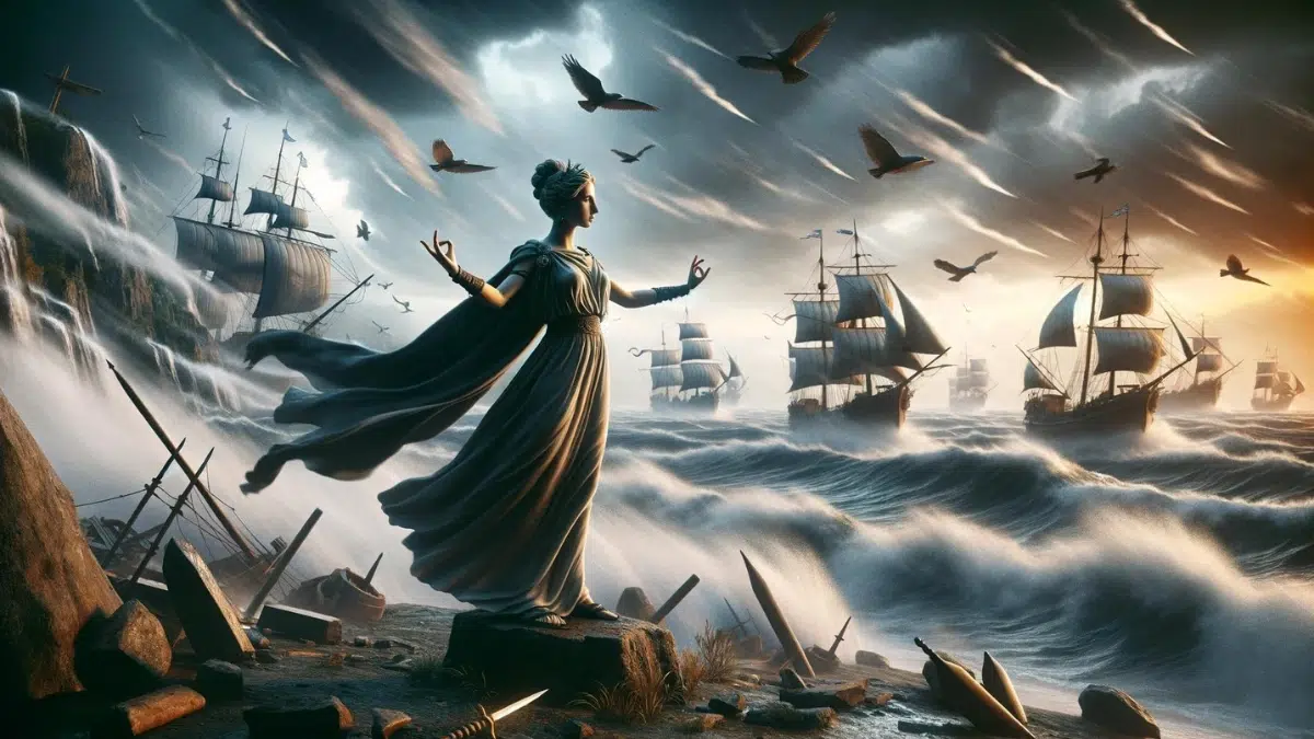 the goddess during the Trojan War, making the winds die down to stop the Greek fleet from sailing to Troy. She stands on a cliff overlooking the sea, her arms raised and her expression focused. The Greek ships are seen in the background, stranded with their sails limp due to the lack of wind. The sky is overcast, adding to the tension of the moment