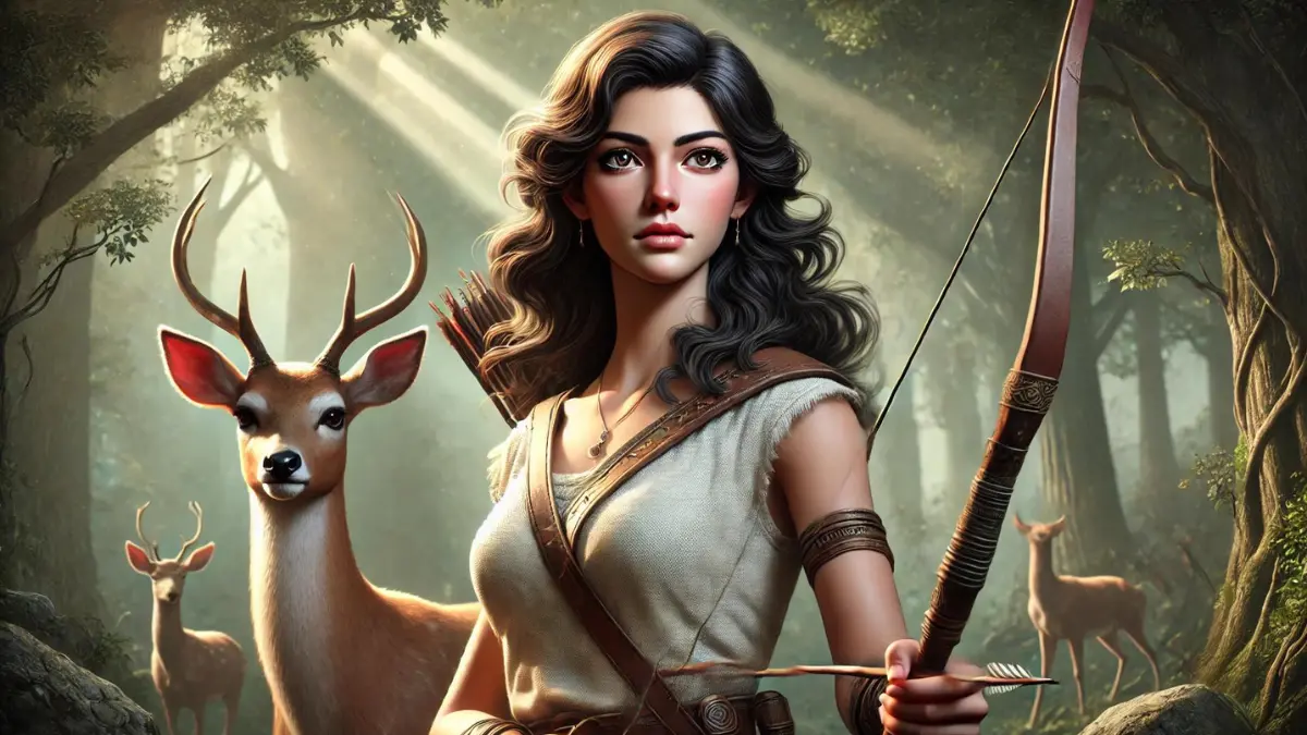 Artemis, the Goddess of the Hunt, depicted as a highly realistic and powerful figure with dark hair. She stands tall with a confident presence, holding a bow and arrow. Artemis has a focused and determined expression and is dressed in ancient Greek hunting attire. A deer, her sacred animal, stands beside her. The background features a dense forest with sunlight filtering through the trees, emphasizing her connection to nature and the hunt. The overall scene conveys Artemis's strength, grace, and her role as the protector of wildlife and young women, portrayed in an extremely lifelike manner