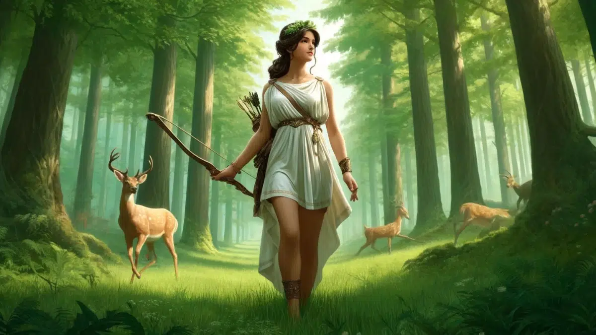 Artemis, the goddess of hunting, in a lush forest setting, wearing a short white Roman tunic. The tunic is modest and suitable for movement through the woods, reflecting her active and independent nature. Artemis has brown hair and is portrayed in a dignified manner, with a calm expression, holding a bow and an arrow. She is surrounded by deer, emphasizing her connection to wildlife. The forest is vibrant with green foliage and dappled sunlight, creating a serene atmosphere