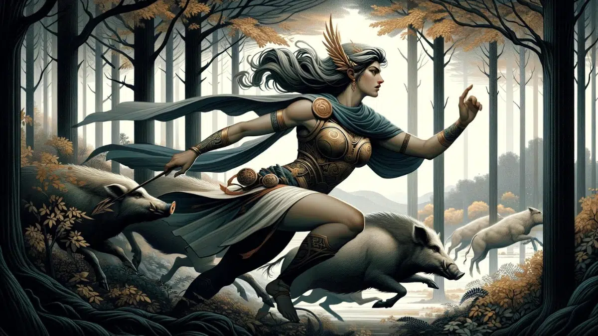 Atalanta, the legendary Greek heroine, in action. This scene showcases her as a formidable and independent figure, emphasizing her significance in Greek mythology and her role as a symbol of female empowerment and prowess