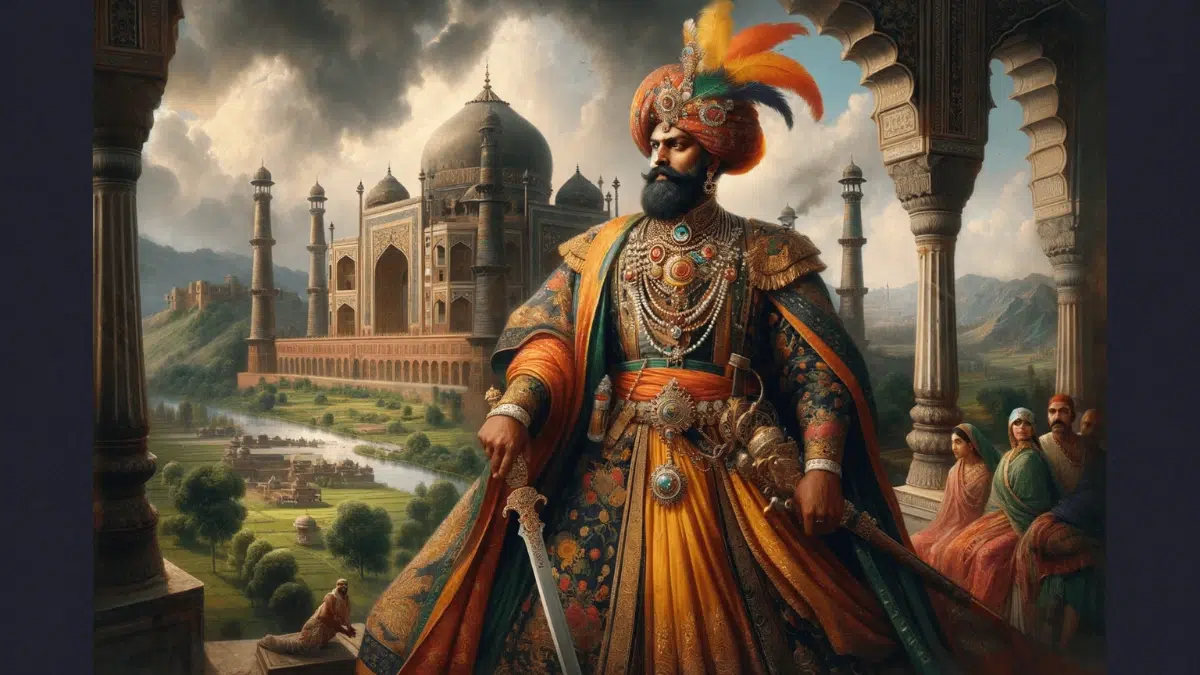 Babur of Mughal Empire dressed in colourful decorative robes with backdrop of a palace in India