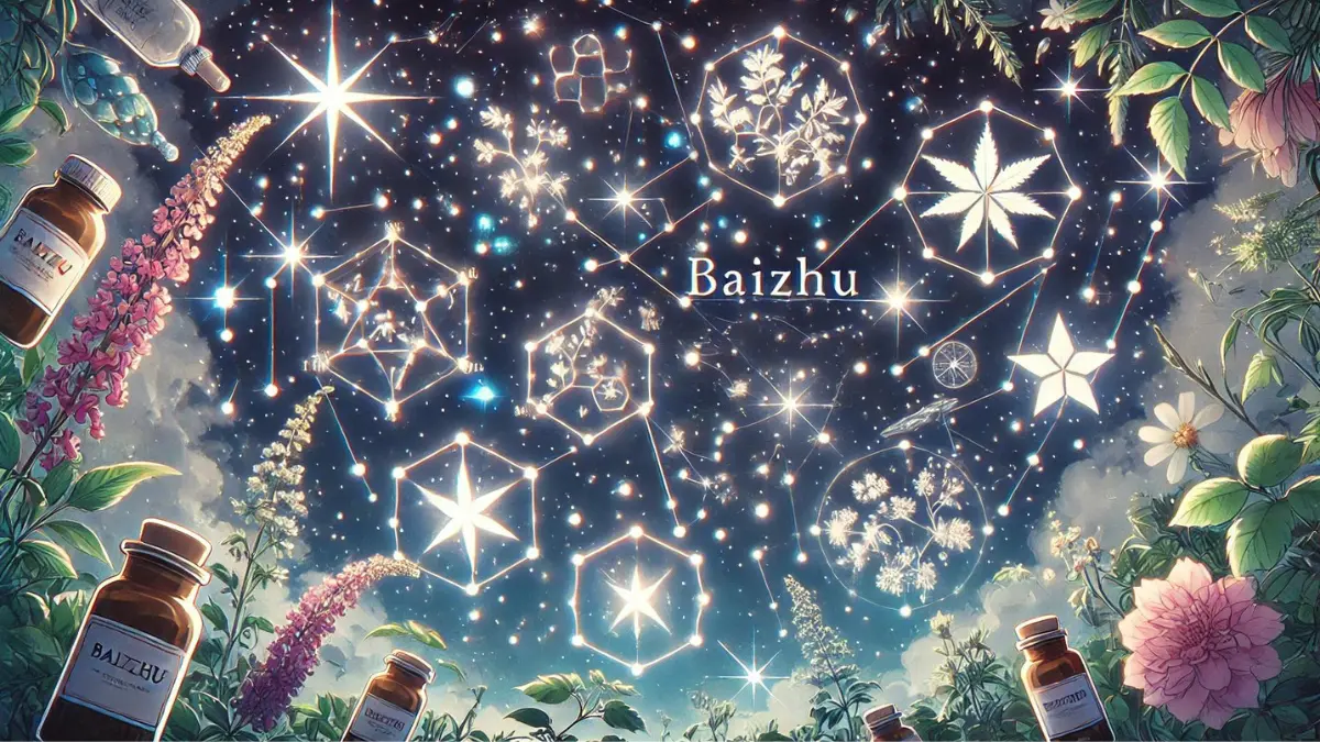 Anime-style image of Baizhu Constellations in a night sky filled with stars and celestial objects shaped like herbs and flora. The constellations are arranged to reflect Baizhu's knowledge of herbal medicine, depicting the properties and uses of different plants and their interactions with the body. The overall mood is serene and mystical, capturing the awe-inspiring beauty of the night sky and the wonders of nature.