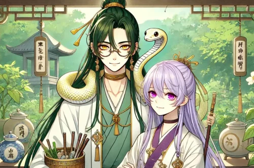 Anime-style image of Baizhu and Qiqi from Genshin Impact. Baizhu is a tall man with light skin, long green hair half tied up in a bun and secured with a hairstick. He has golden, snake-like eyes and wears a pair of gold, ornate, oval-framed glasses. He is always seen with his pet snake, Changsheng, draped around his neck like a scarf. The snake is white. Qiqi is a short girl with pale skin, magenta-colored eyes, and light purple hair that is chin-length except for a section at the back of her head that goes down past her hips. Despite being a zombie, Qiqi claims to be in better shape than her boss, Baizhu. They are standing together in a serene herbal garden, with Baizhu holding a basket of herbs and Qiqi looking up at him with a calm expression. The background includes lush greenery and traditional Liyue architecture, capturing the peaceful atmosphere of the setting.
