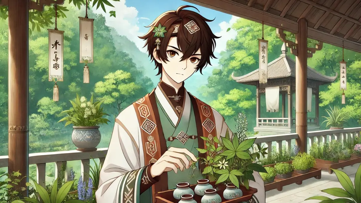 Anime-style image of Herbalist Gui from Genshin Impact. Herbalist Gui is a character with short brown hair, wearing traditional herbalist attire with intricate patterns. He is seen in a serene herbal garden, holding various herbs and looking focused on his work. The background includes lush greenery and traditional Liyue architecture. Make sure the image captures the anime style and the essence of Herbalist Gui's profession.