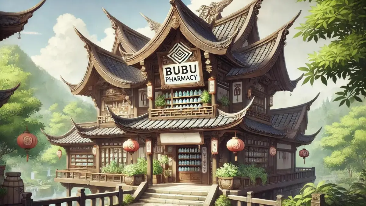 Anime-style image of Bubu Pharmacy from Genshin Impact. The pharmacy is a traditional Liyue building with intricate architectural details, wooden beams, and tiled roofs. The exterior is adorned with herbal plants and traditional Chinese lanterns. The entrance is inviting, with a wooden sign displaying the pharmacy's name. The scene captures a serene and peaceful atmosphere, with the pharmacy nestled among lush greenery. Make sure the image reflects the anime style and the essence of the traditional Liyue setting.