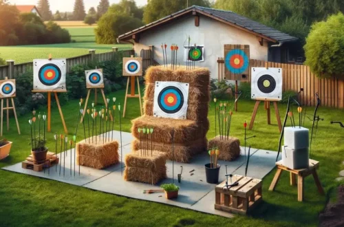 a backyard full of DIY archery targets
