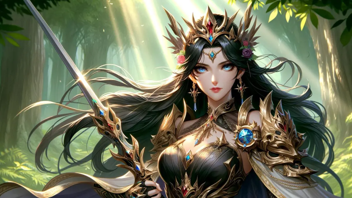 Deyanira, a powerful and regal female character from a fantasy universe. She is portrayed as a warrior queen with long, flowing black hair and piercing blue eyes. She wears ornate, golden armor that shines under the sunlight, and she holds a majestic sword. The background features a lush, green forest with rays of sunlight filtering through the trees, adding a mystical aura to the scene