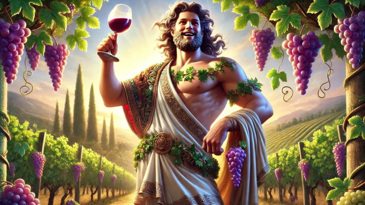 Dionysus, the God of Wine, depicted as a highly realistic and lively figure. He stands with a joyful and exuberant presence, holding a wine cup in one hand and a cluster of grapes in the other. Dionysus has a relaxed, welcoming expression and is dressed in flowing, ornate Greek robes adorned with ivy and grapevines. The background features a lush vineyard with ripe grape clusters and a bright, sunny sky, emphasizing his connection to wine and festivity. The overall scene conveys Dionysus's joy, vitality, and role as the god of wine, portrayed in a lifelike manner with natural features and realistic details