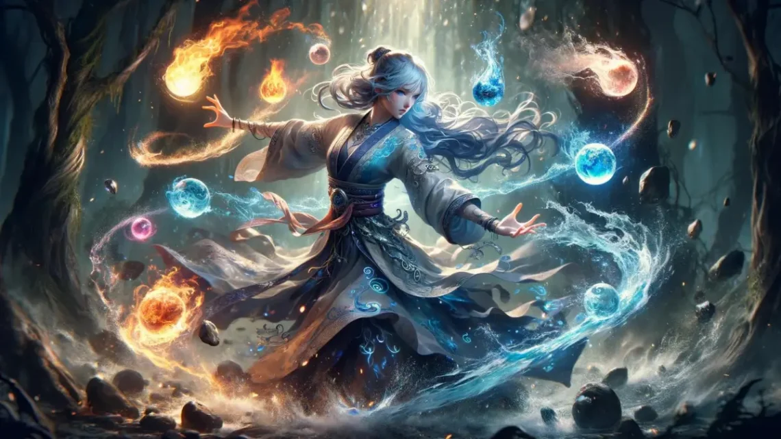 an Elemental Sorcerer in a dynamic pose, casting a powerful spell. The sorcerer is a young woman with flowing white hair and piercing blue eyes, wearing elaborate robes that shimmer with elements of fire, water, earth, and air. The scene captures her in a mystical forest, with elements swirling around her: flames licking at her fingertips, a whirlwind encircling her, rocks levitating around her waist, and water droplets suspended in the air.