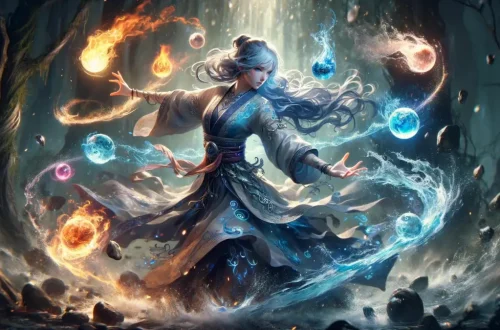 an Elemental Sorcerer in a dynamic pose, casting a powerful spell. The sorcerer is a young woman with flowing white hair and piercing blue eyes, wearing elaborate robes that shimmer with elements of fire, water, earth, and air. The scene captures her in a mystical forest, with elements swirling around her: flames licking at her fingertips, a whirlwind encircling her, rocks levitating around her waist, and water droplets suspended in the air.
